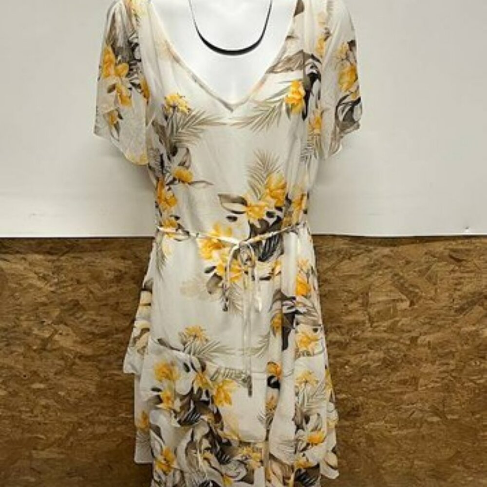 White House Black Market Cream Floral Wrap Dress with Yellow Accents